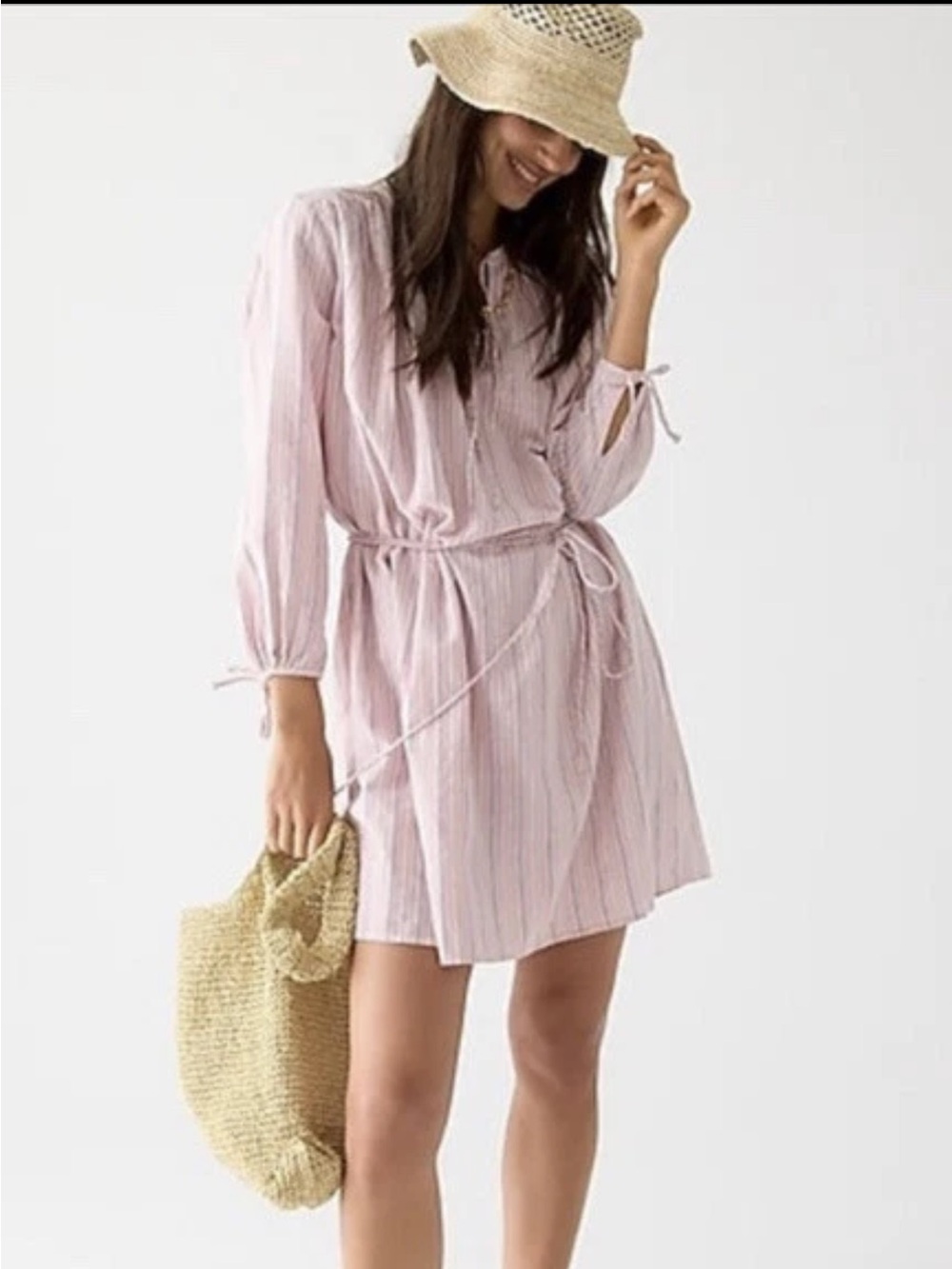 J. Crew Pink and Black Striped Tie-Neck Blouse
